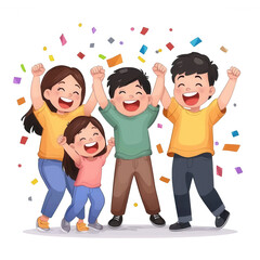 Obraz premium A joyful group of four friends celebrating together with hands raised in excitement, surrounded by colorful confetti, depicting happiness and togetherness.