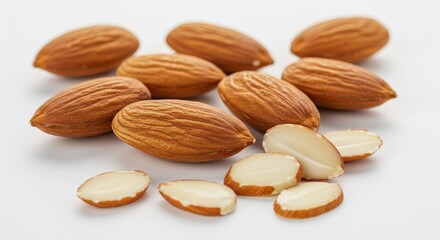 Obraz premium Scattered Almonds on White Background - A close-up of almonds, showcasing their texture and natural variations. Symbolizing health, nutrition, wholesomeness, nature, and abundance
