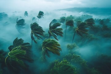 Stormy palm trees aerial view.