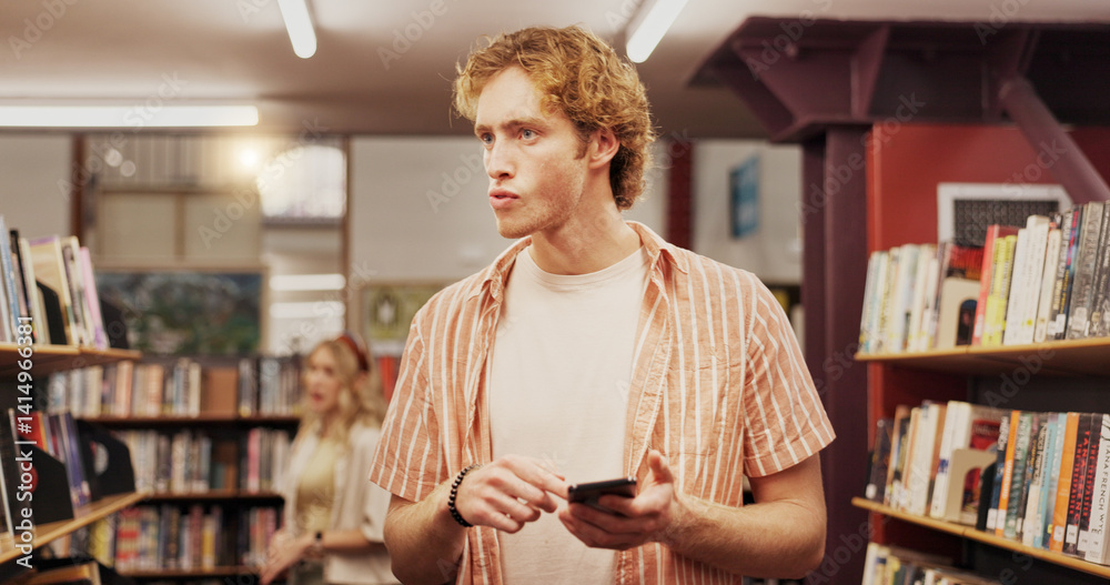 Poster man, student and search with phone in library for education textbook, study material and knowledge. 
