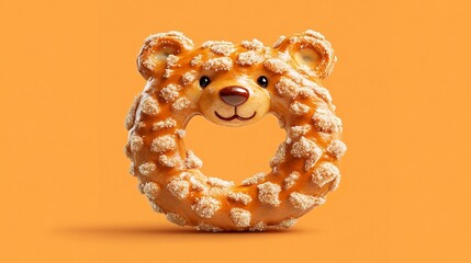 Bear shaped pretzel is covered with white sprinkles and sits on a solid orange background.