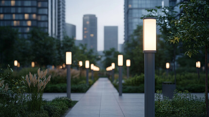 A serene urban pathway lined with modern light fixtures and greenery, leading towards tall buildings under a soft dusk sky.
