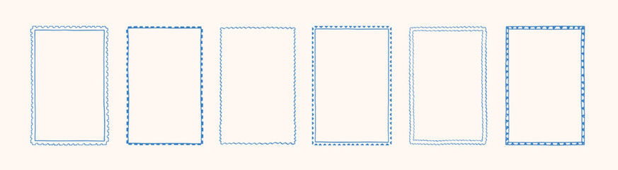Doodle hand drawn frames in stamp style. Minimalist line art. Vintage blue ornament borders for wedding, greeting cards, menu, prints, picnic invitations. Mediterranean sea coastal aesthetics.