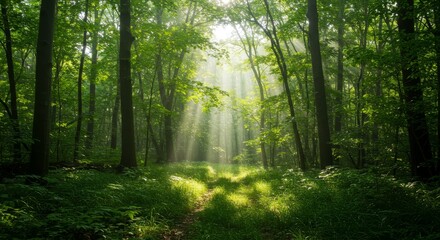 Obraz premium Sunlit Forest Path - Serene forest scene, sunlight streams through trees, creating a magical path. Symbolizes peace, nature, tranquility, hope, and renewal