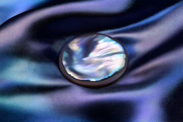 Closeup View Of Mother-Of-Pearl Button On Dark Fabric