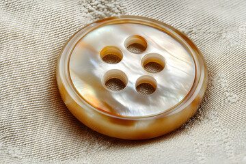 Close Up Mother Of Pearl Button On Beige Fabric