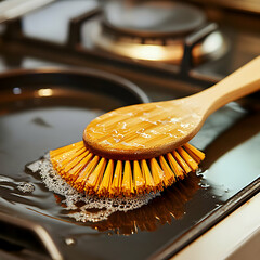Wooden Dish Brush Cleaning A Pan On Stovetop