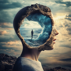Surreal image of a woman with a rock like face revealing a sky and a figure inside

