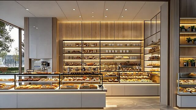 Modern bakery showcasing baked goods & treats, warm lighting, with wooden accents