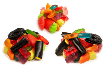 Assorted colorful gummy candies isolated on a white background. Top view. Jelly  sweets.