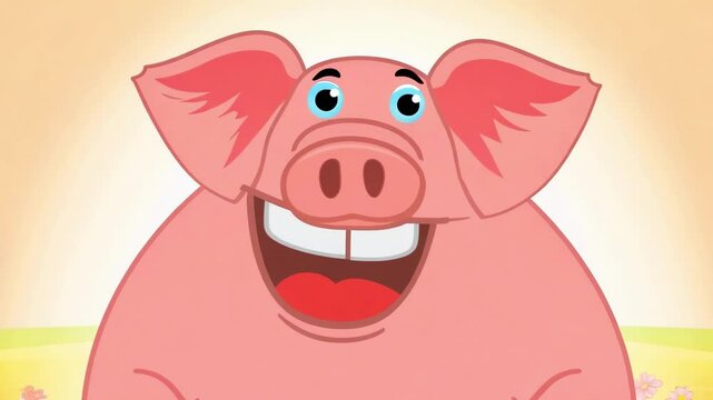 Animated pink cartoon pig growing from small to large with cheerful expression. Character expands in size while maintaining happy smiling face against bright yellow background with copy space.
