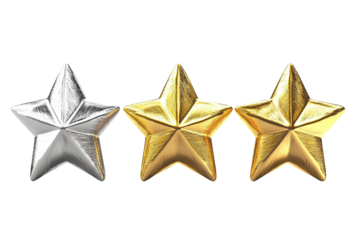 Three stars, left silver, middle gold, right a soft-gold, against a stark transparent background. Shining surfaces