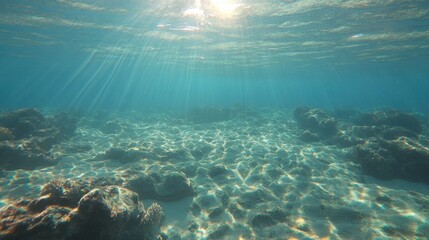 Fototapeta premium Tranquil underwater scene with sun rays filtering through clear turquoise water illuminating sandy seabed and coral reef formations creating serene aquatic vista