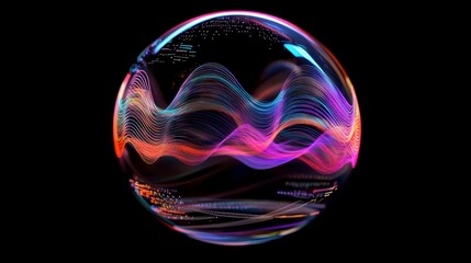 Abstract sphere with colorful, wavy data streams inside on black background.