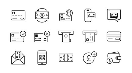 Online Payment line icon set. Mobile banking, payment methods, bank, online payment, money transfer, banking, credit card, and currency exchange outline icon collection. UI thin outline icon pack