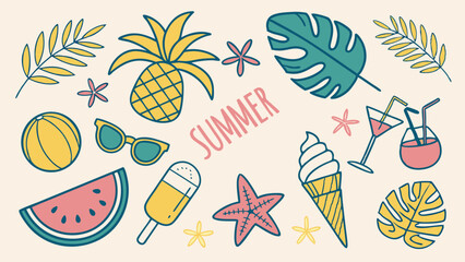 Obraz premium Colorful Tropical Symbols, Palm Leaves, Ice Cream, Starfish & Cocktails