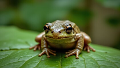 Obraz premium Frog on leaf closeup tropical rainforest nature photography lush environment macro view wildlife exploration
