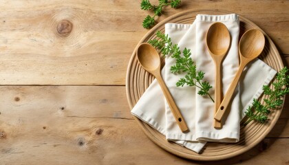 Natural bamboo utensils on linen napkins kitchen photography rustic top view sustainable living