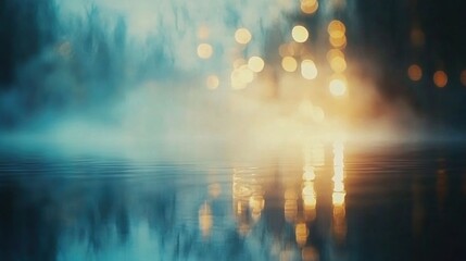 Fototapeta premium Mysterious, glowing reflections on a still, dark water surface.