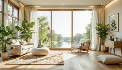 Fototapeta premium Serene living room with natural light lakeside retreat interior design cozy environment indoor view tranquility