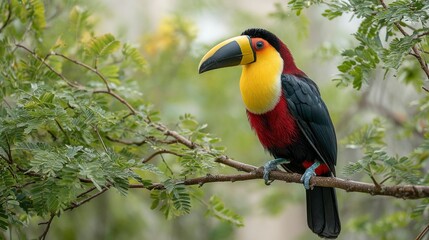 Obraz premium Colorful toucan resting on a branch, lush greenery behind, showcasing nature's vibrant beauty.