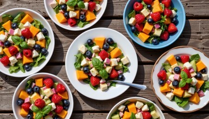 Colorful picnic salads featuring fresh fruits and greens outdoor setting vibrant presentation summer vibes