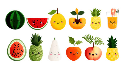 Fototapeta premium Adorable Cartoon Fruits Illustration Featuring Watermelon Pineapple Peach and Juice Perfect for Summer Designs