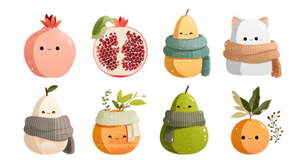 Fototapeta premium Adorable Winter Fruits and Cat Collection Cute Cartoon Pomegranate Pear Orange Characters Wearing Scarves