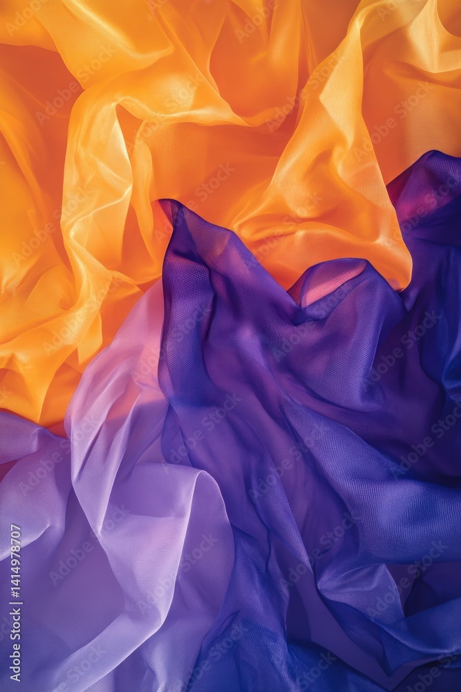 Poster abstract flowing silk fabric in vibrant orange and purple hues creating a dynamic and colorful textu