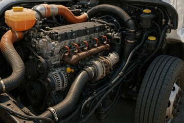 Fototapeta premium Detailed Engine Components Underneath Car Hood during Daylight