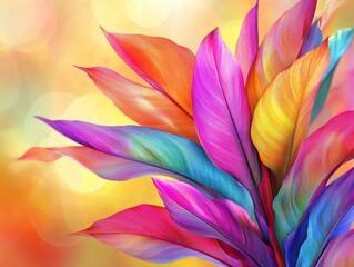 Vivid tropical leaves in vibrant hues against a bokeh background creating a dreamy and colorful botanical scene perfect for stock photography