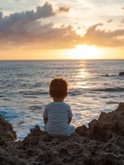 Serene young boy sits on coastal rocks gazing at the radiant sunset over the ocean horizon a peaceful moment of contemplation and natural beauty