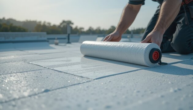 Roofer Applying TPO Roofing Adhesive on Insulation Board with Roller Tool During Flat Roof Installation