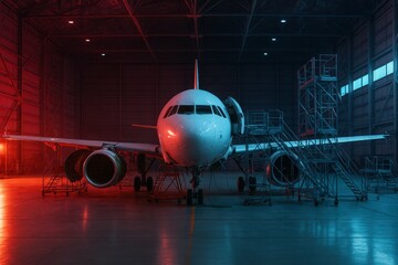 Fototapeta premium Airplane in Aircraft Hangar with Dramatic Lighting Effects