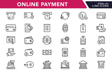 Online Payment line icon set. Mobile banking, payment methods, bank, online payment, money transfer, banking, credit card, and currency exchange outline icon collection. UI thin outline icon pack