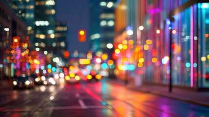Obraz premium Neon lights dance in the urban night, a vibrant symphony of colors and reflections