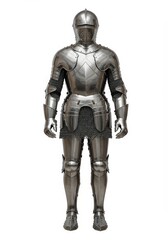 Full-length knight's armor with sword in hand isolated on a white background