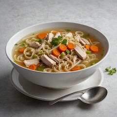 Delicious chicken noodle soup with fresh vegetables, a healthy and hot meal in a bowl