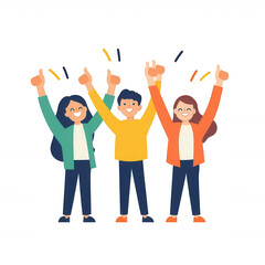 Fototapeta premium Three cheerful characters celebrating with raised hands, expressing joy and excitement, against a white isolated background.