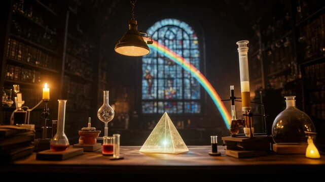 Antique Alchemy Laboratory Table in a Dark Library with Rainbow Through Stained Glass
