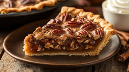 A whole pecan pie on a rustic wooden table, adorned with pecans and served with a side of whipped cream, showcasing a classic dessert.