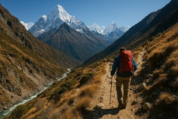 Obraz premium Adventurous Hiker Trekking Through Mountain Valley Landscape