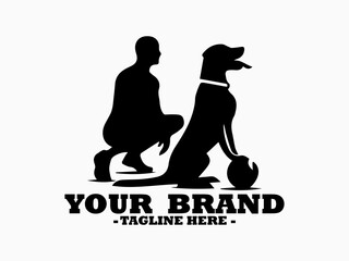 Clean black and white vector silhouette of a person caring a dog isolated on white background. Illustration dog and owner position offering a textured ball, dog and owner logo design