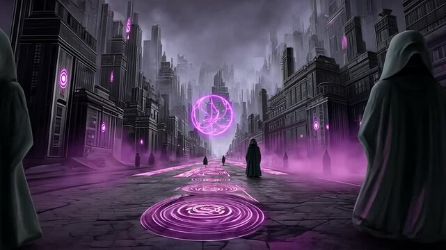 Mysterious figures in a city with purple glow