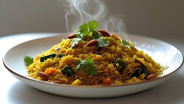 Steaming Hot Yakhni Pulao with Vegetables and Almonds &ndash; High-Definition Food Photography on White Plate
