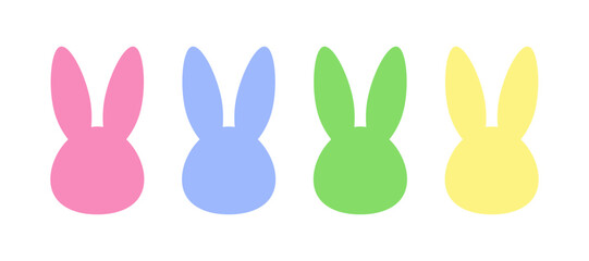 Set of colorful bunny silhouettes in vector format. Minimal pastel rabbit heads in pink, blue, green, and yellow. Cute Easter design elements for cards, stickers, and kids projects.  
