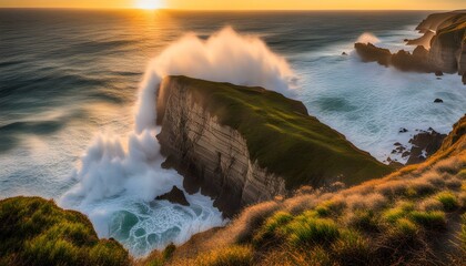 Obraz premium Ocean waves violently crashing against high rugged coastal cliffs during golden hour, with dramatic spray and vivid colors.