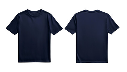 Mockup of two navy blue plain t-shirts showcasing front and back views for product presentation on transparent background