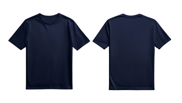 Mockup of two navy blue plain t-shirts showcasing front and back views for product presentation on transparent background
