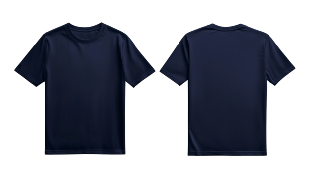 Mockup of two navy blue plain t-shirts showcasing front and back views for product presentation on transparent background